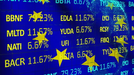 digital composite video of eu flag waving against stock market data processing in background