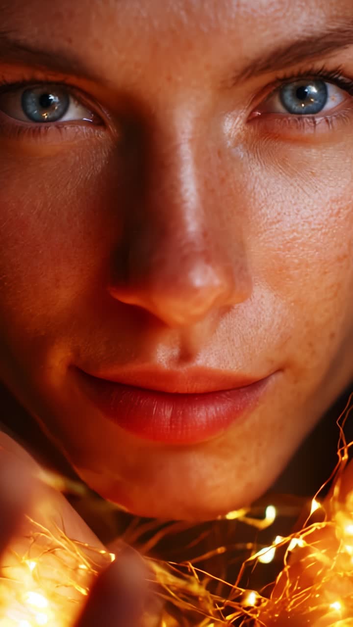Captivating Close-Up Portrait of a Young Woman with Striking Blue Eyes Surrounded by Glowing String Lights, Emphasizing Her Natural Beauty and Textured Skin