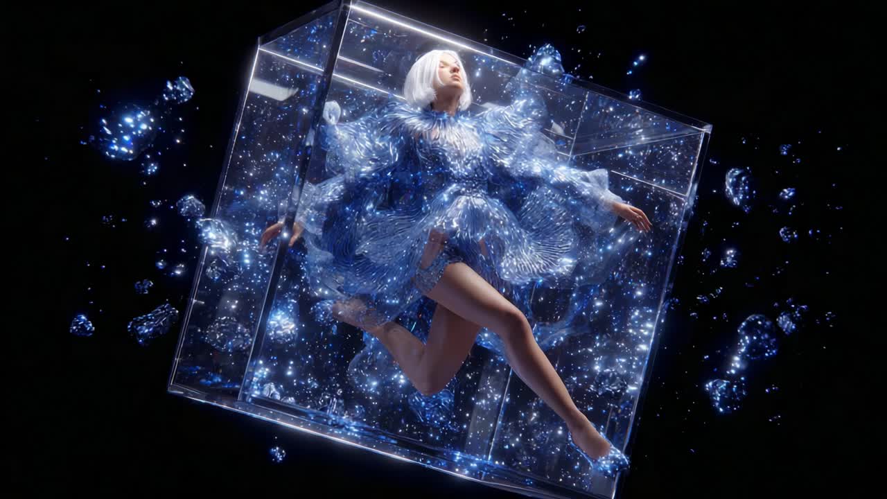 Woman in Blue Dress Floating in a Cube