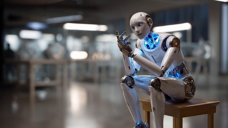 Robot umanoide seduto in contemplazione in un laboratorio moderno