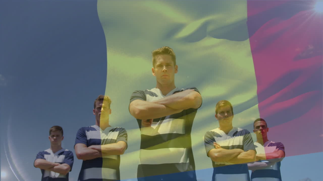 animación de la bandera de bélgica sobre diversos jugadores de rugby masculinos
