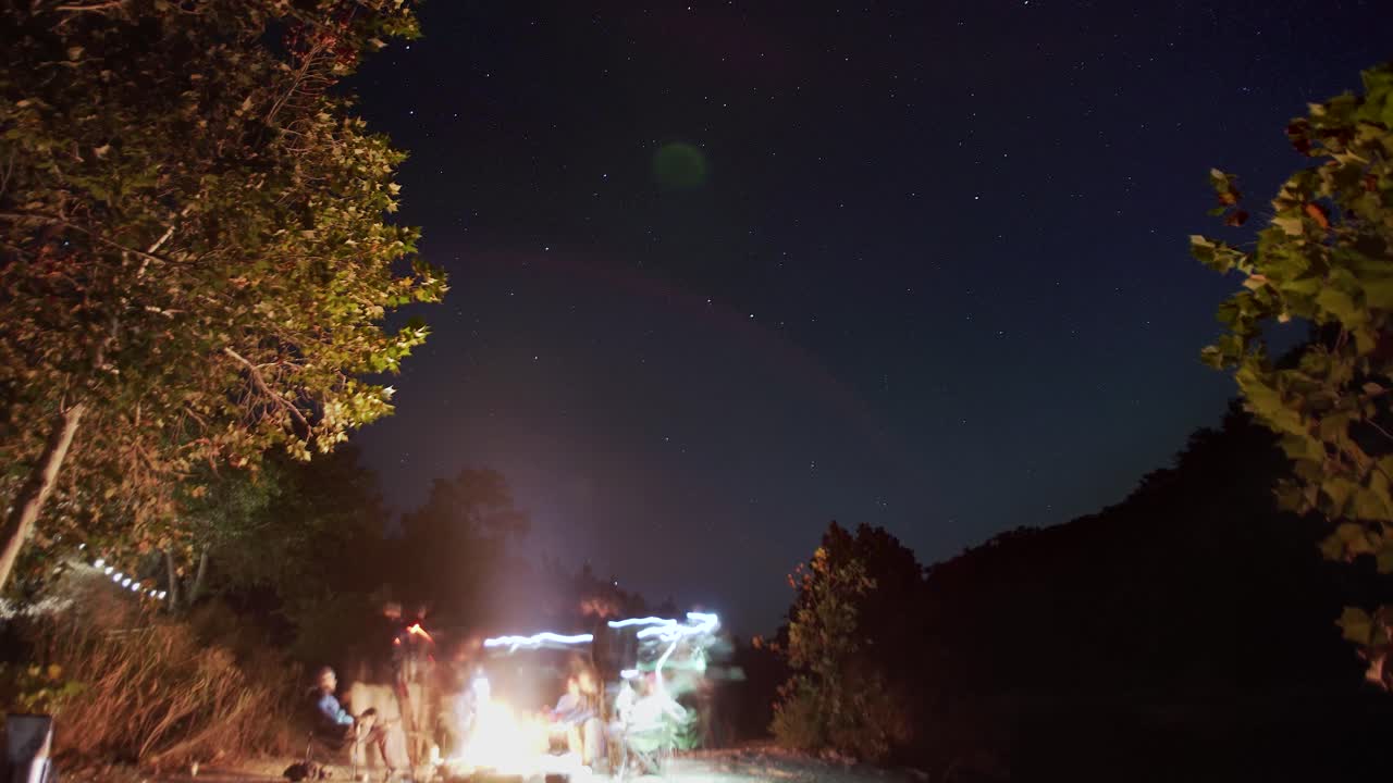 Timelapse of camp bonfire with large group of friends gathered around campsite in the evening under the stars in the night sky