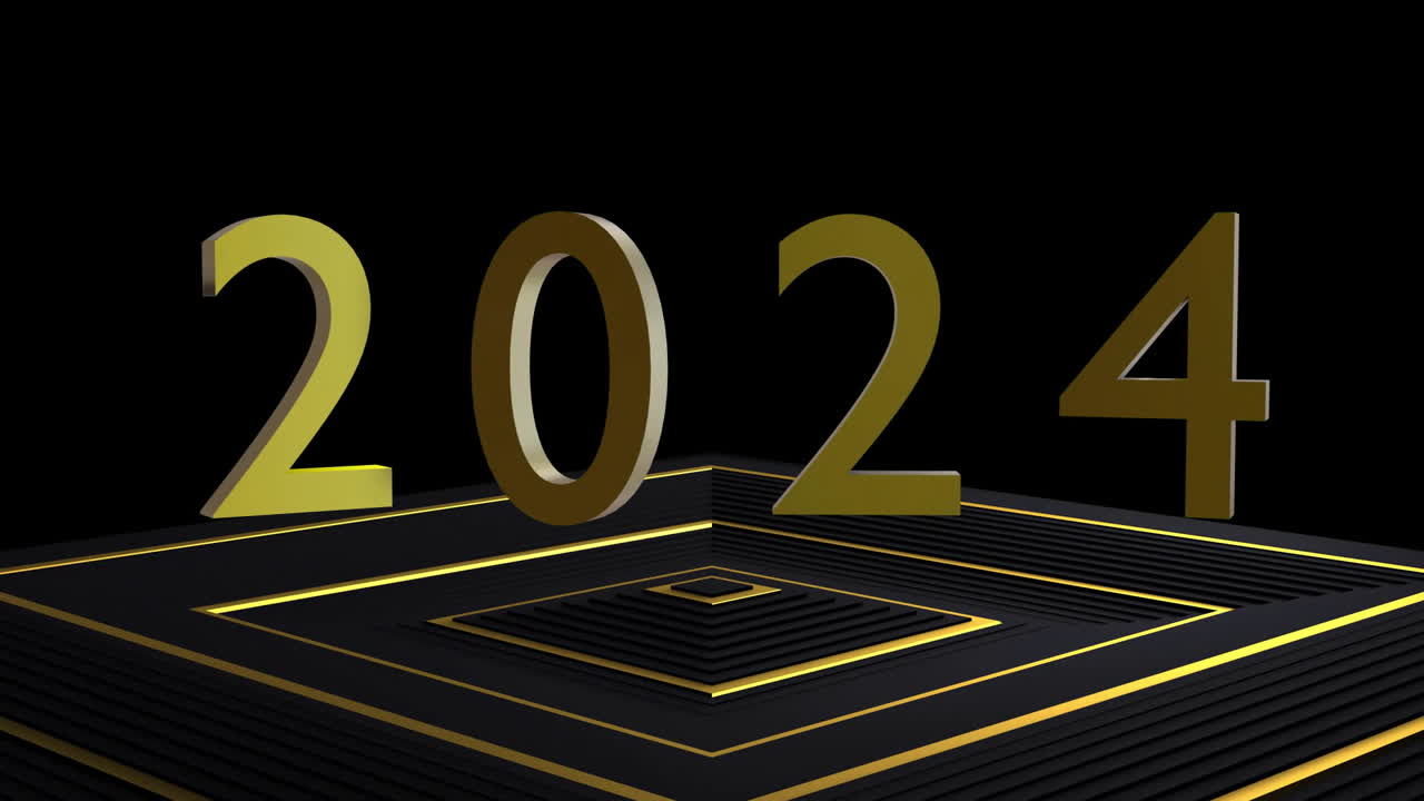 animación de 2024 y patrón dorado en fondo negro