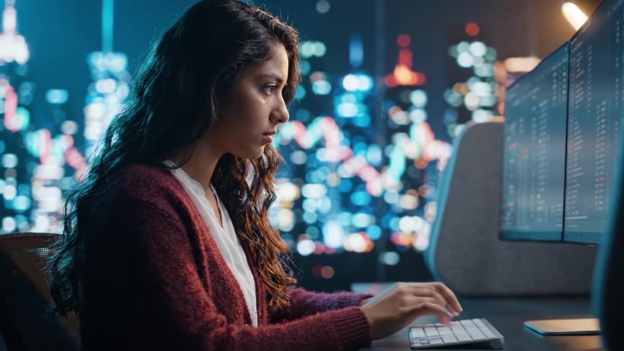 Individuo concentrato che analizza dati al computer con sfondo di luci della città di notte, evidenziando concentrazione e ambiente di lavoro digitale