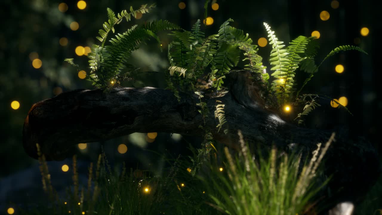 tronco del árbol doblado horizontalmente con helechos creciendo, y la luz del sol brillando