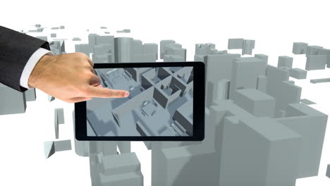 apuntando a una tableta digital, navegando a mano un modelo de ciudad 3d sobre el paisaje urbano
