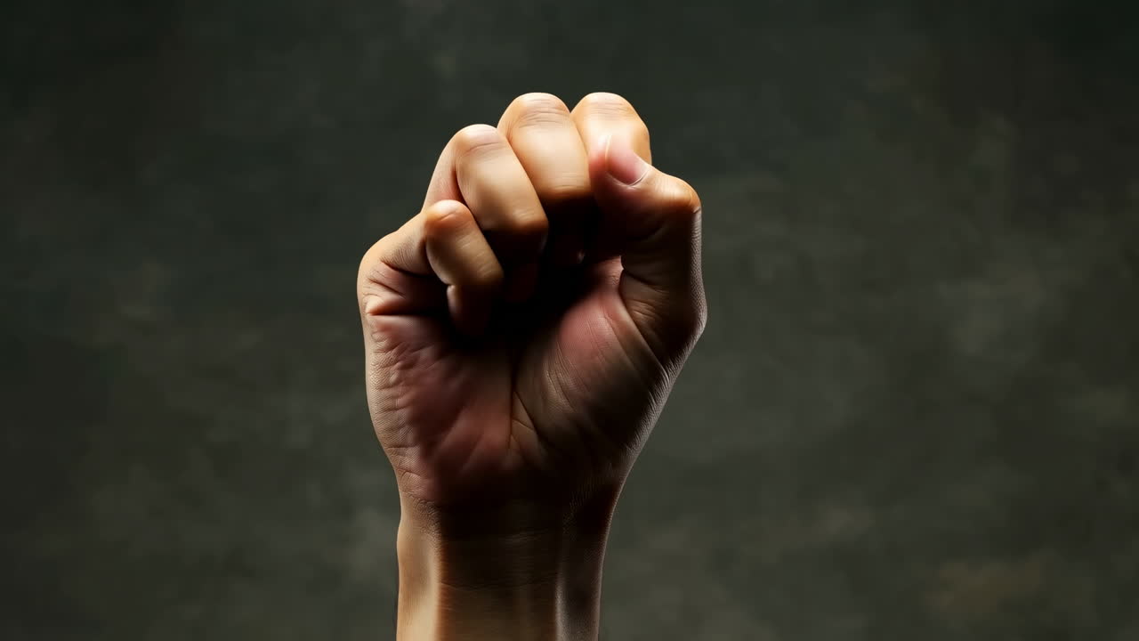 Mão humana fechada em punho contra um plano de fundo escuro