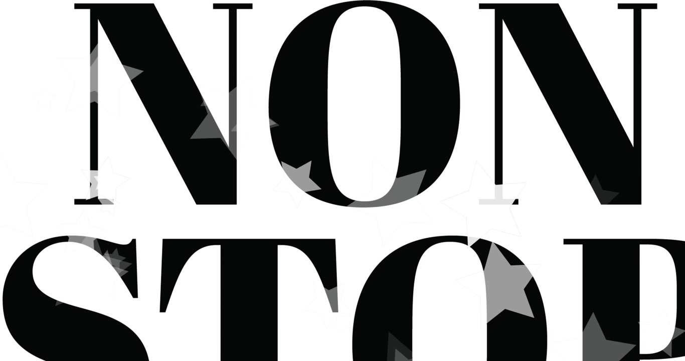 Animation of non stop text over white background with flying stars
