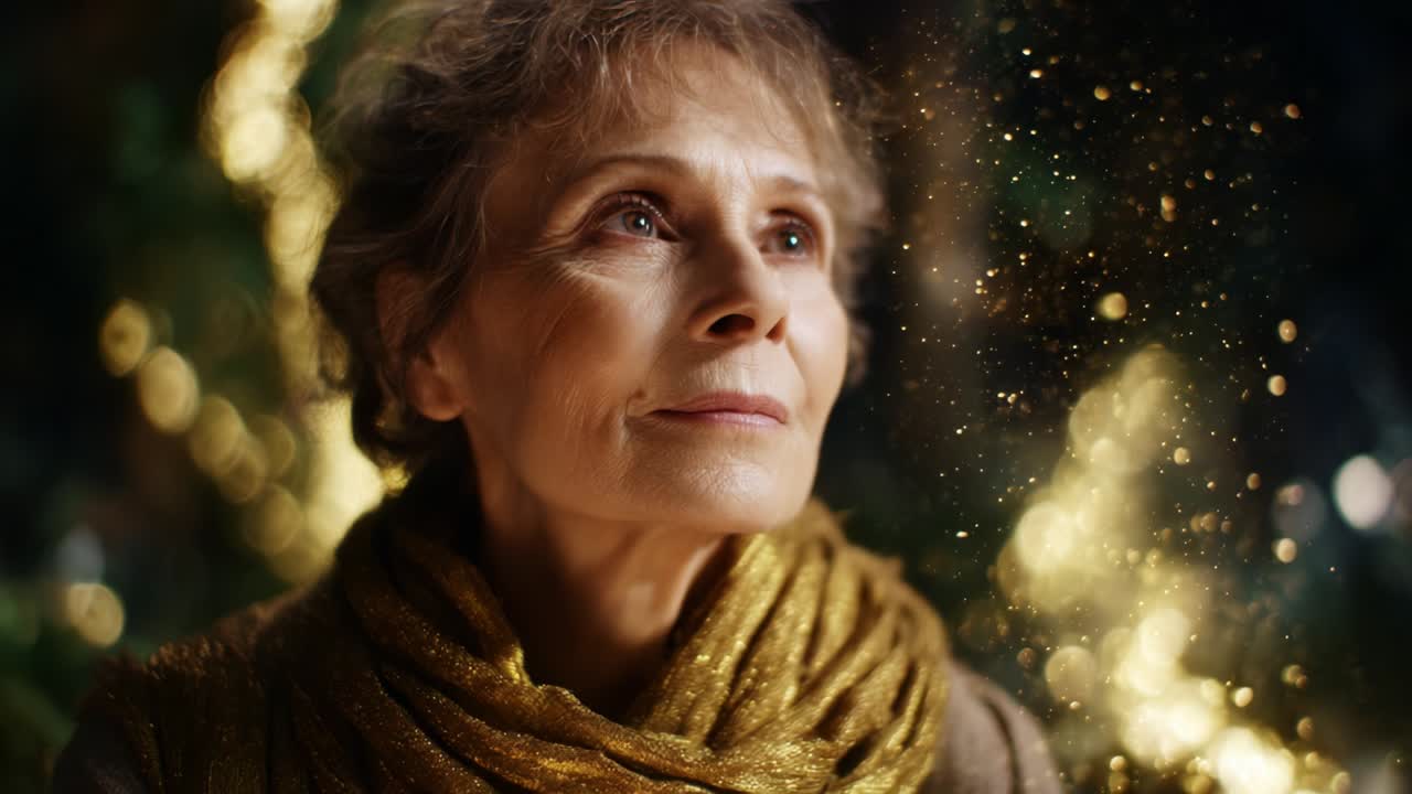 A serene and thoughtful elderly woman gazes upward, surrounded by an enchanting backdrop of glimmering lights, reflecting a moment of contemplation and wisdom amidst the subtle magic of her surroundings