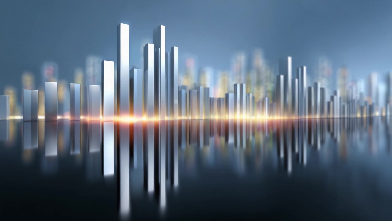 A mesmerizing horizontal skyline reflection featuring modern, tall metallic structures surrounded by a vibrant city atmosphere glowing at dusk