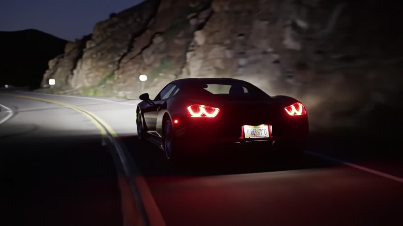 A sleek, high-performance sports car navigates a winding road at night, showcasing its elegant design and powerful performance against a dark backdrop.
