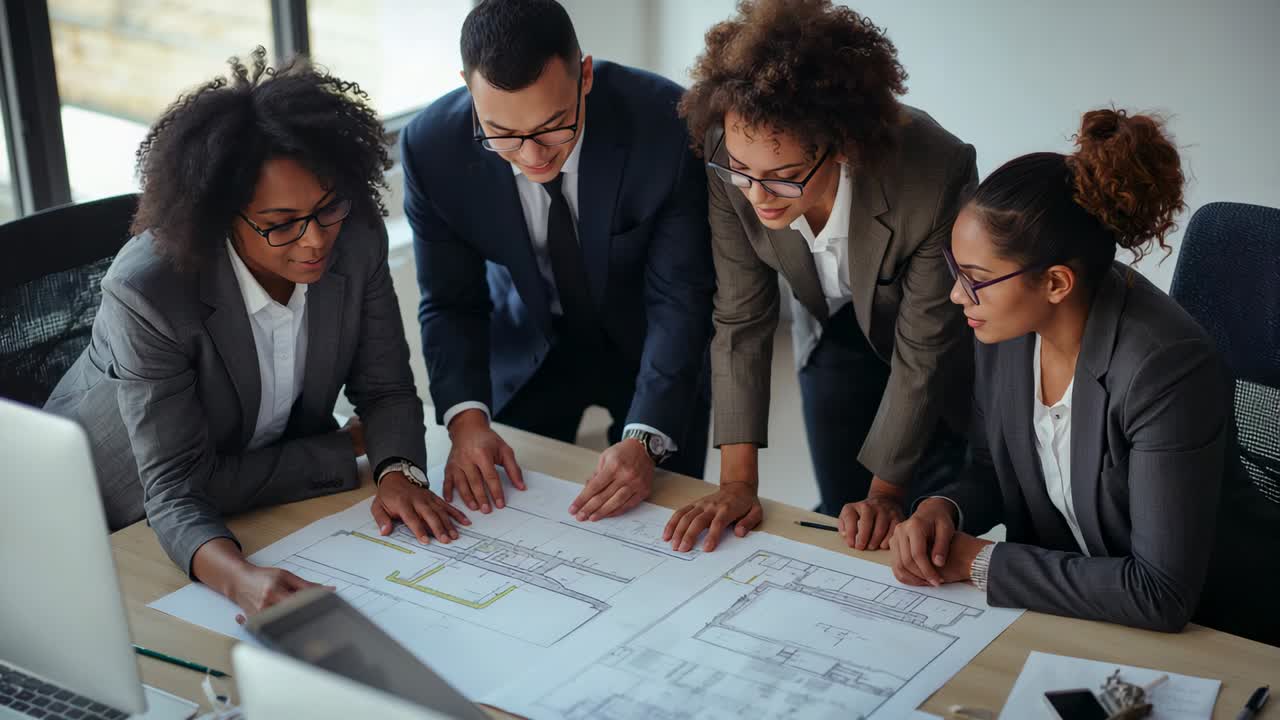 Meeting starting with four colleagues in suits examining floor plans for design decisions, pointing