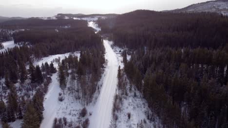 un dron descendente muy rápido disparó sobre una carretera invernal cubierta de nieve y rodeada de bosque