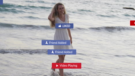 de pie en la playa, mujer con notificaciones de redes sociales animación sobre las olas del océano