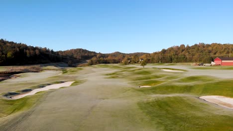 Drone-aerial-flight-from-right-to-left-at-Golf-course-in-Kallered,-Molndal-in-Sweden