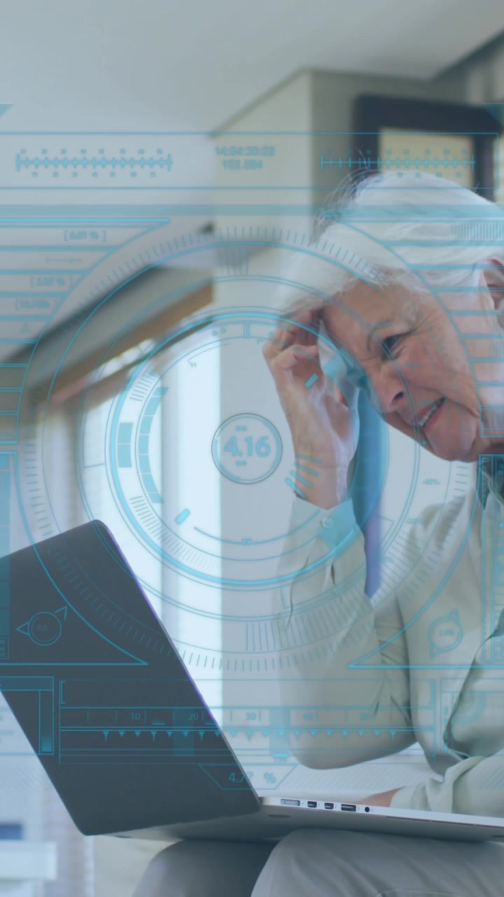 Animation of financial data processing over senior caucasian woman using laptop