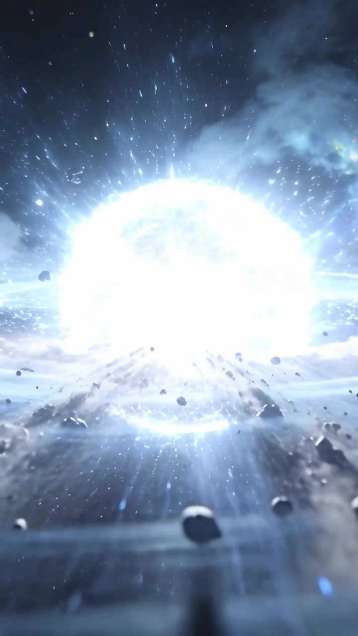 Video verticale: Nucleo luminoso che si espande nello spazio dopo un'esplosione, espellendo detriti e formando un alone