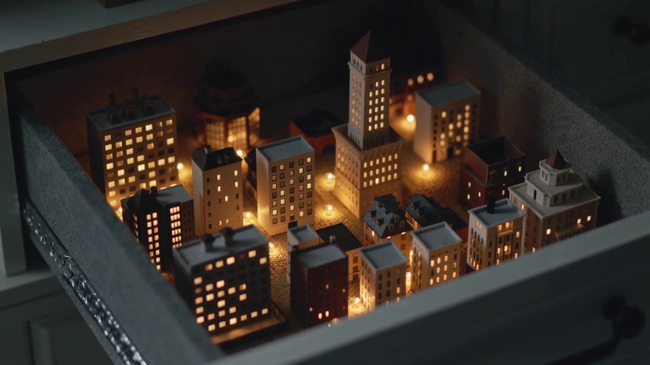 Revealing handmade miniature city with camera push panning right in drawer with warm lights