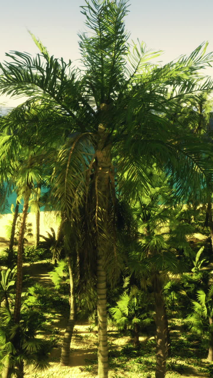 Lush tropical landscape overlooking a serene beach with palm trees