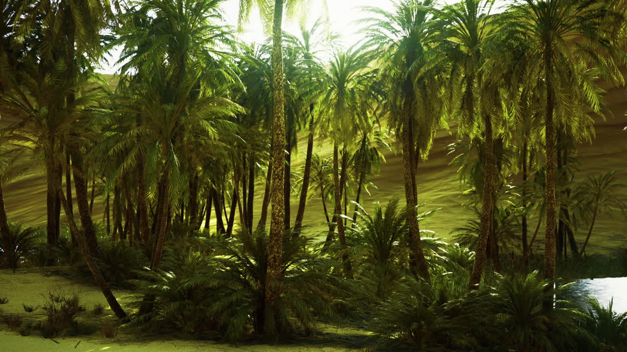 Lush tropical oasis with vibrant palm trees and serene water body at noon