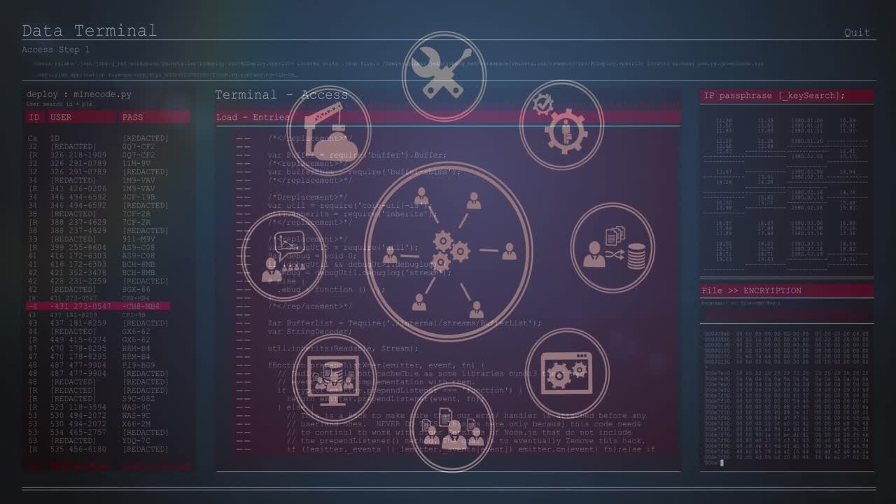 Animation of interface with turning business communication icons and information on dark background