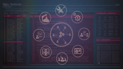 animación de la interfaz con iconos de comunicación comercial giratorios e información en fondo oscuro