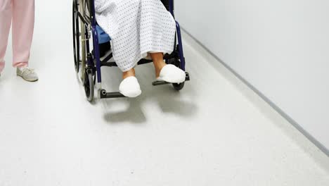 Nurse-pushing-a-patient-in-a-wheelchair-while-talking-to-a-doctor
