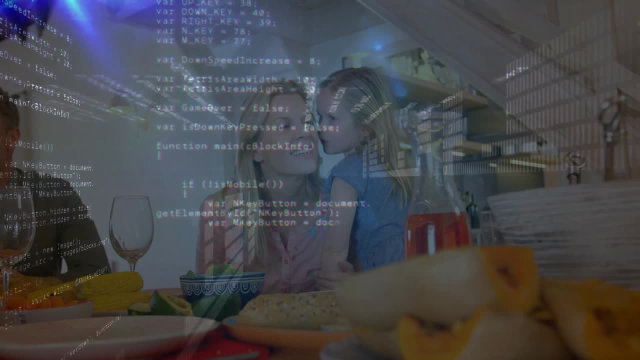 Daughter climbing onto mother lap and initiating tech holographic blue code overlay during bonding