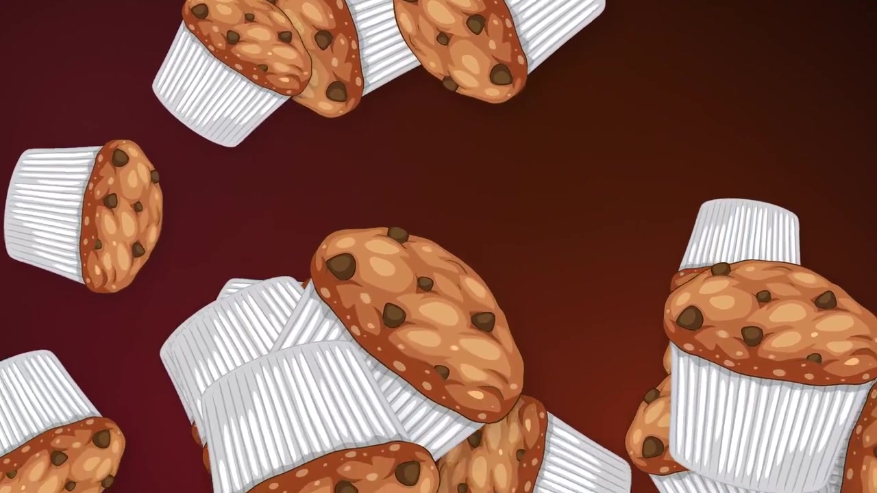 Muffin con gocce di cioccolato in stile cartone animato cadono e fluttuano su uno sfondo sfumato rosso scuro