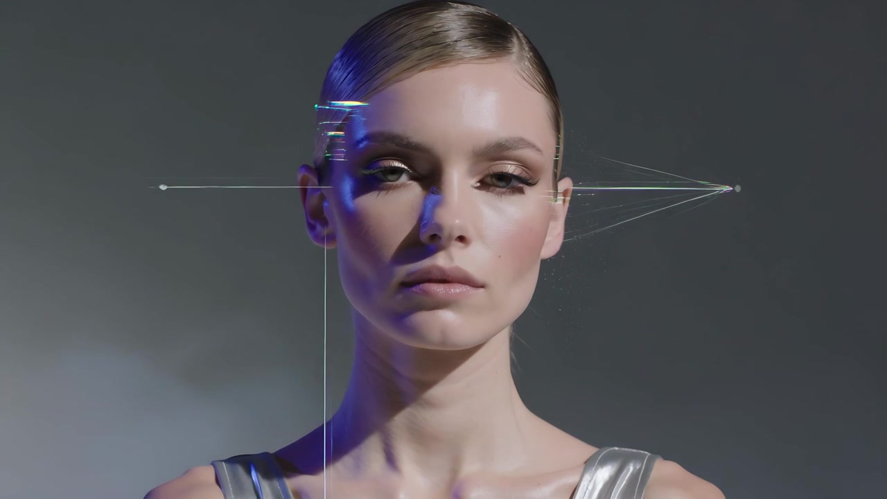 Stojící modelka v metalickém topu v šedém studiu zavírá oči, zatímco světelná grafika přejíždí po jejím obličeji