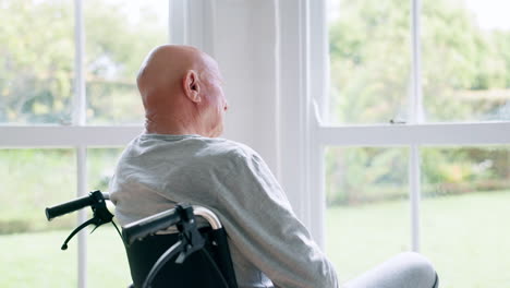 window, thinking and senior man in wheelchair