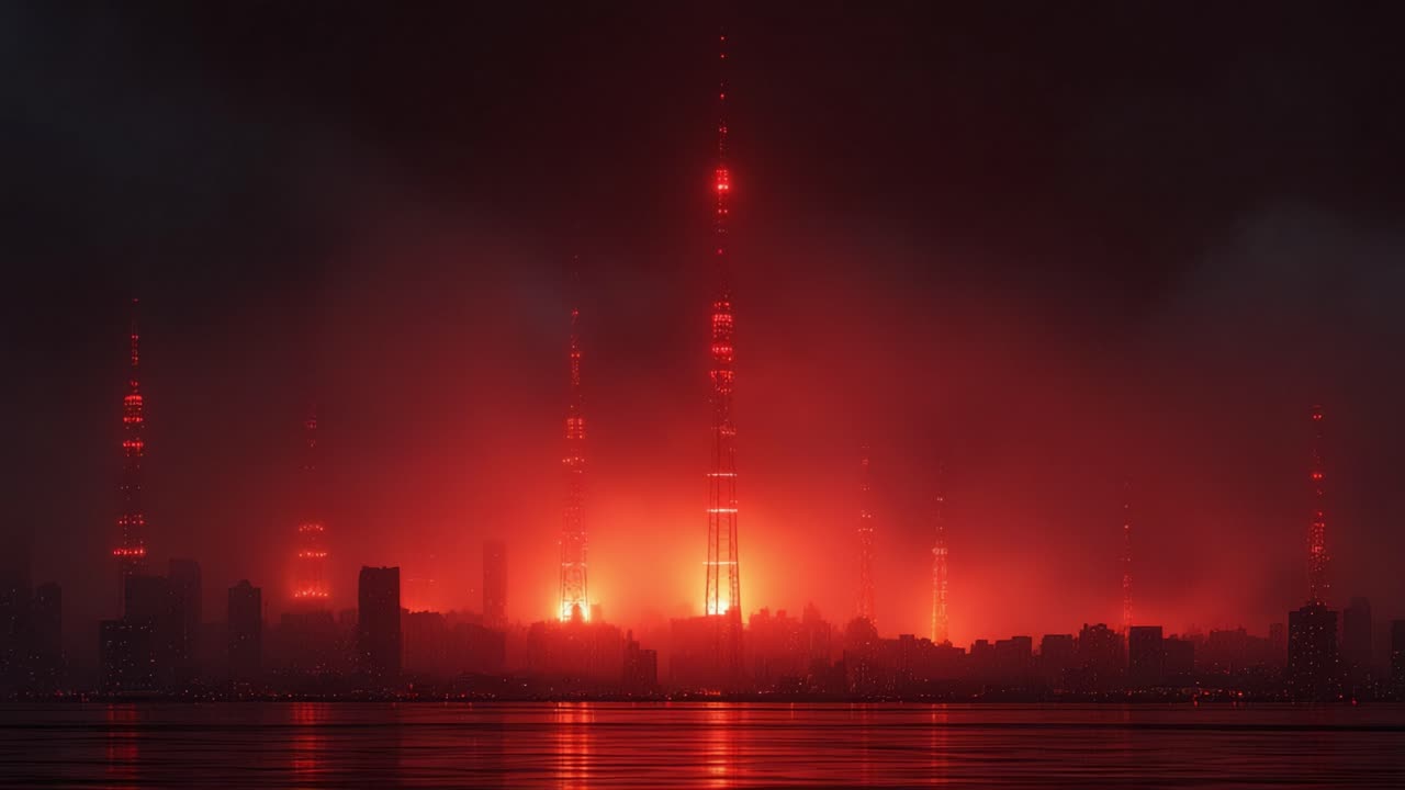 Sinister crimson fog enveloping a futuristic city skyline at night, with glowing skyscrapers and communication towers reflecting in the water, creating a dystopian and ominous atmosphere