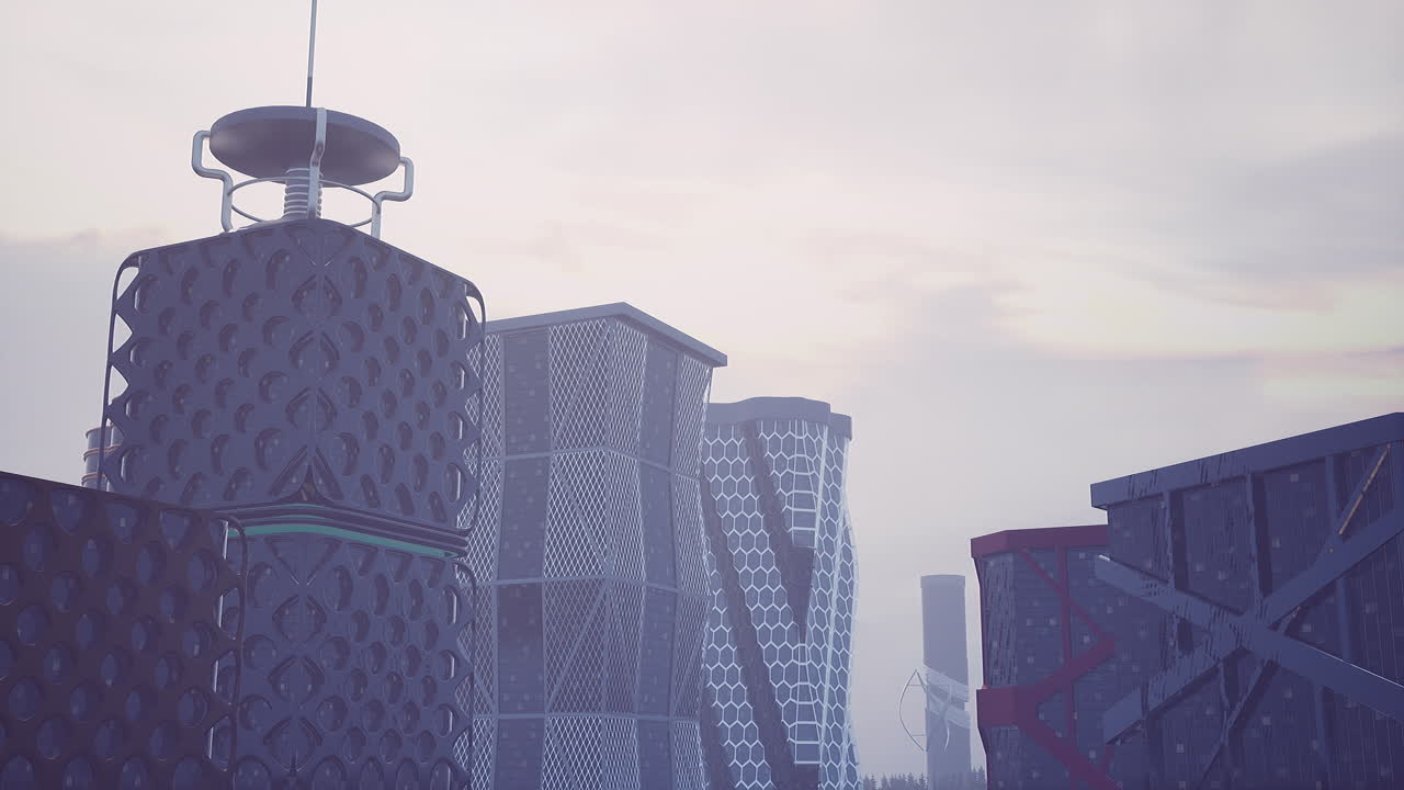 Flagtopped tall building in futuristic city