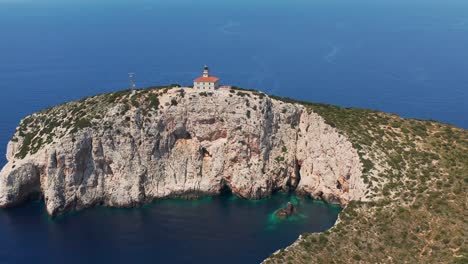 susac lighthouse over steep rock cliffs of susac islet near lastovo, croatia. aerial shot