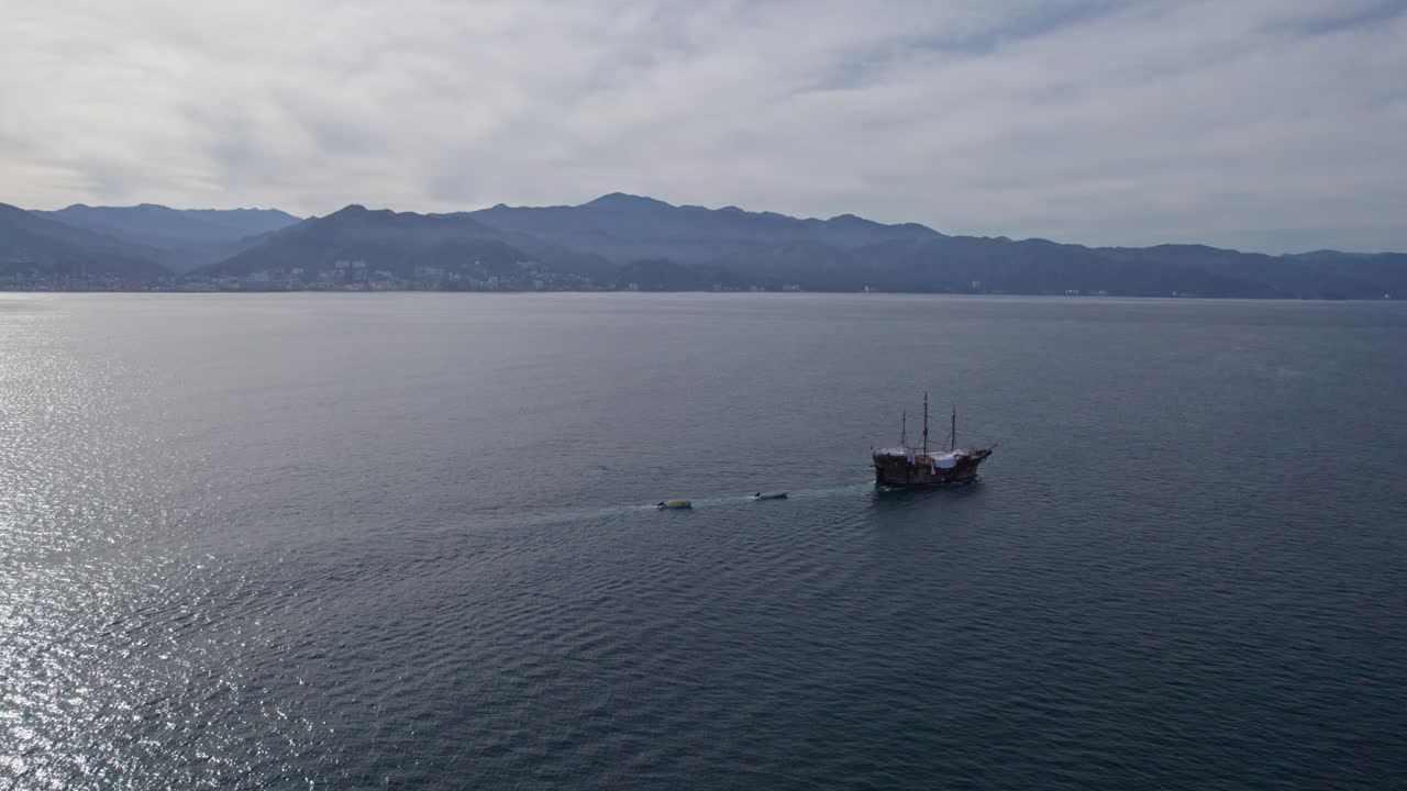 Drone Video Showing A Pirate Ship Sailing Along The Coasts Of Puerto ...