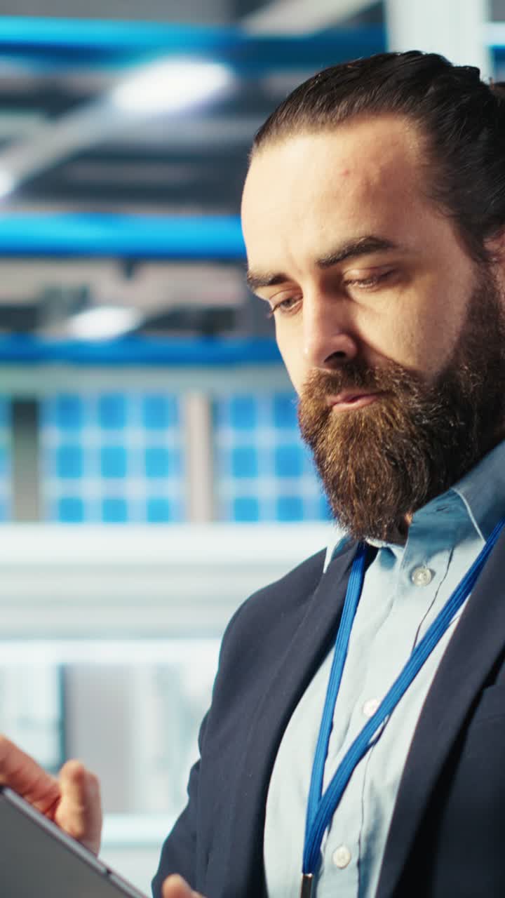 Vertical Video Photovoltaics Factory Engineer Holding Tablet Improving Solar Panels Efficiency