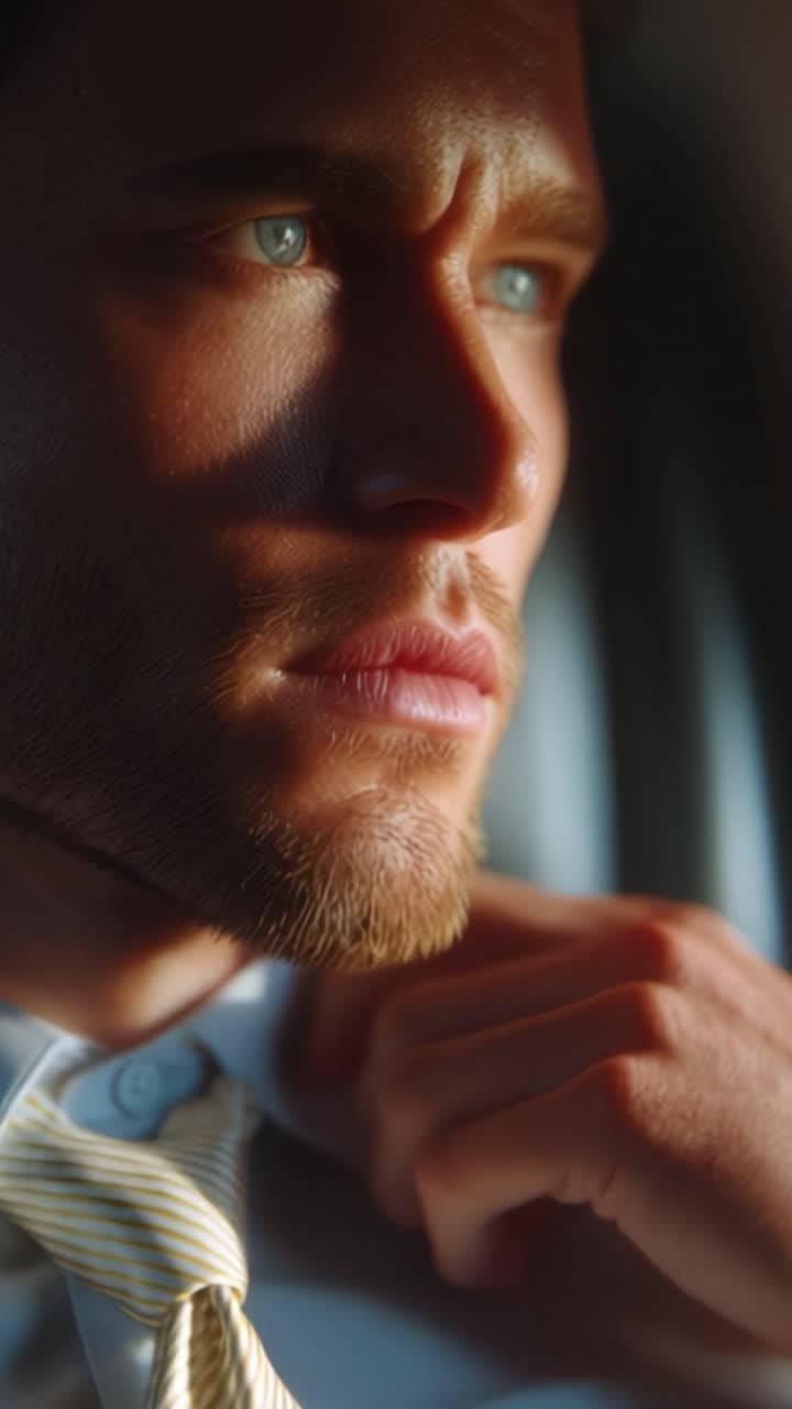 Un ritratto ravvicinato che ritrae un giovane uomo che si sistema la cravatta mentre guarda in lontananza, mettendo in mostra emozioni intense ed effetti di luce drammatici nell'ambientazione