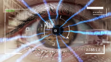 an intricate examination of an eye through a digital lens highlighting advanced technology and unique patterns in a futuristic setting