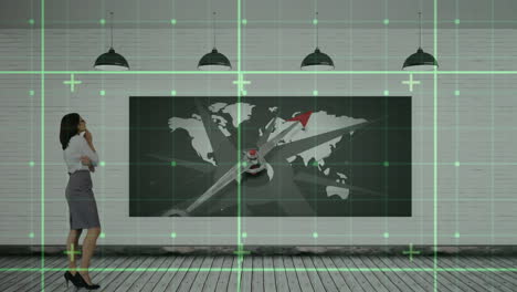 animation of data processing over businesswoman using interactive screen with world map