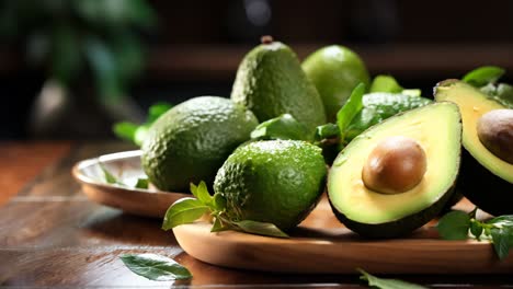 fresh avocados arranged on a wooden platter with lime and greenery