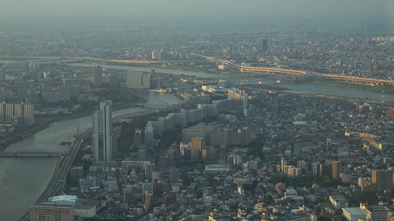 Sumida City And River Seen From Tokyo Skytree Observation Tower In Tokyo, Japan. - wide shot