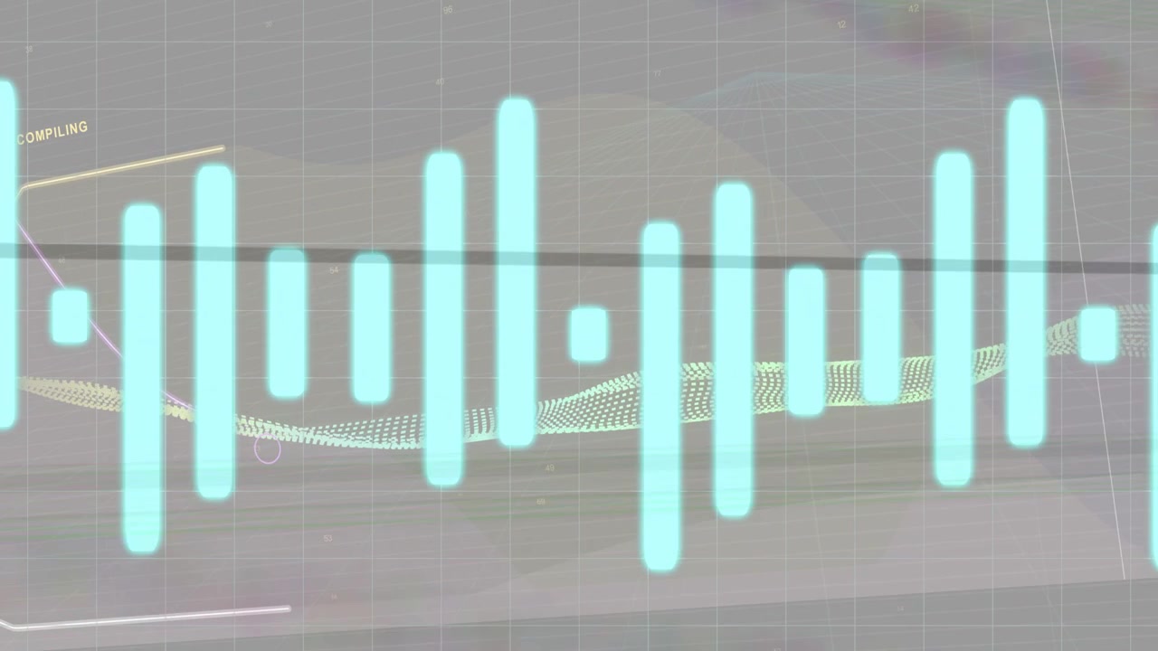 Translucent HUD appearing, turquoise bars rising, dotted wave oscillating, splines showing trends