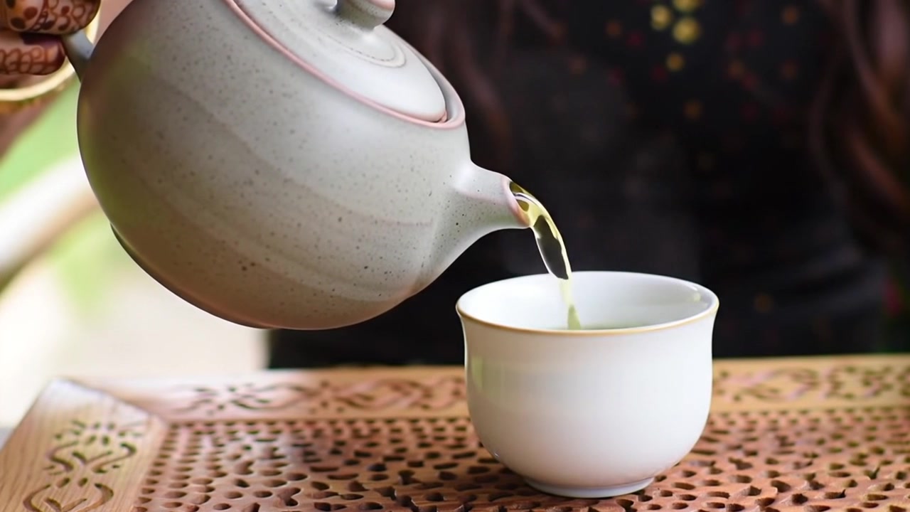 Donna che versa tè caldo in una tazza di ceramica, con mani all'henné
