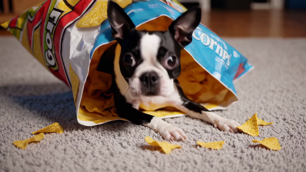 Cão Boston Terrier Brincando com um Saco de Batatas Fritas
