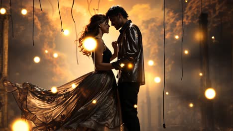 couple dances passionately in a romantic forest setting at dusk