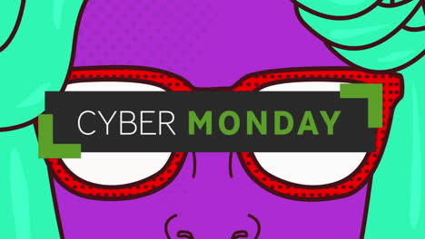 animación digital de cyber lunes banner de texto contra la mujer que lleva gafas de sol icono