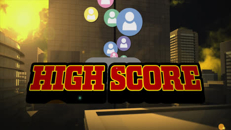 animation of high score and social media reactions over cityscape