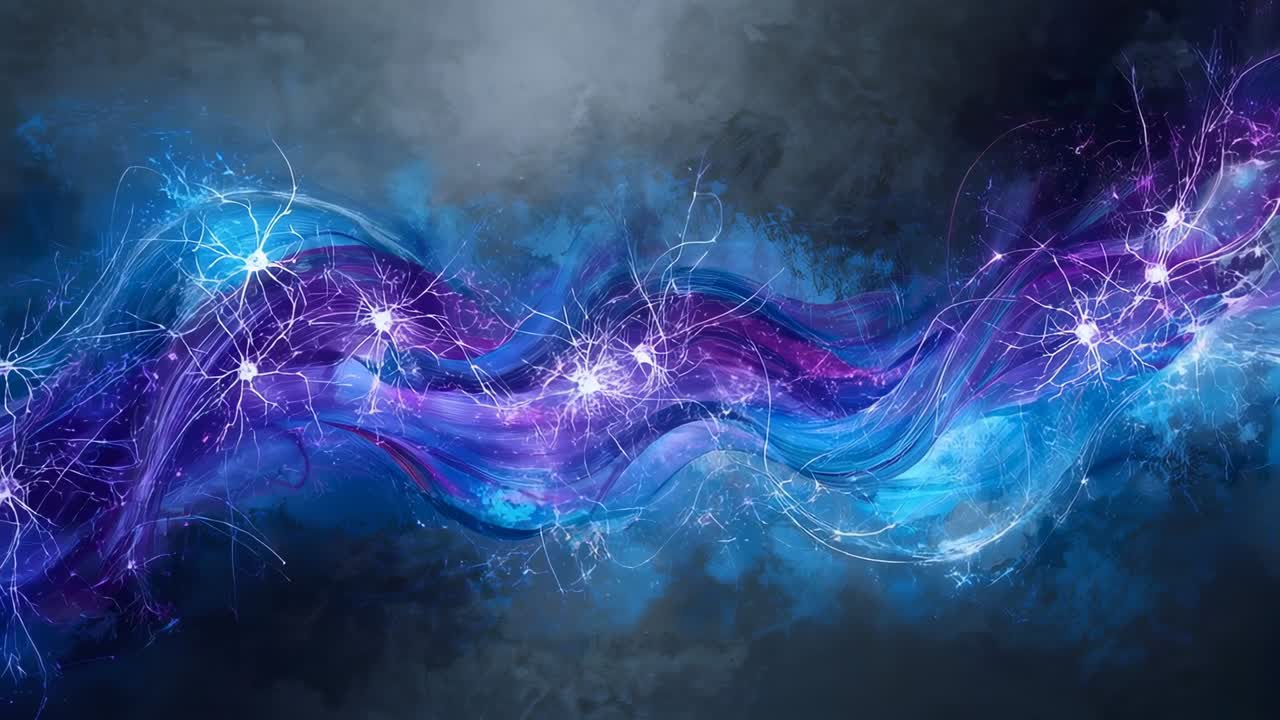 Nodo illuminato con un nastro viola ciano pulsante che invia scintille contro una foschia scura, evocando un motivo neurale