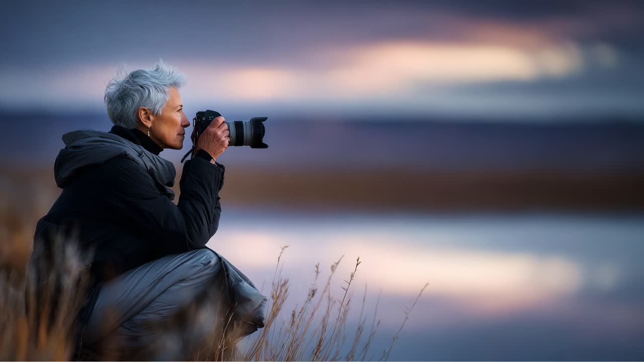 A Reflection of Passion: An Elderly Photographer Captures the Serenity of Nature at Dusk, Emphasizing the Beauty and Artistry of Outdoor Photography by a Tranquil Body of Water