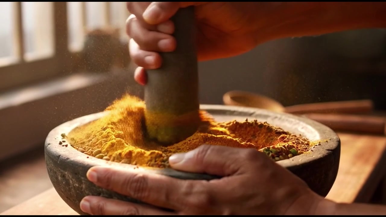 Person Grinding Fresh Spices in a Stone Mortar and Pestle